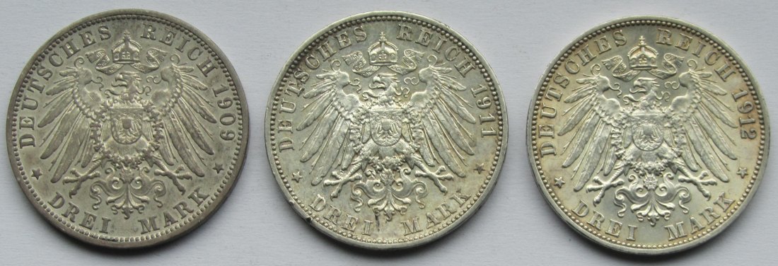  Kaiserreich: Baden, 3 Mark Friedrich II. (Jaeger 39), 3 Stück (1909 + 1911 + 1912)   