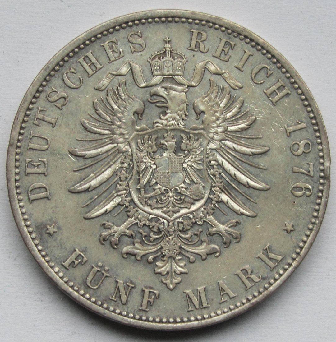  Kaiserreich: Bayern, 5 Mark Ludwig II. (Jaeger 42), 1876   