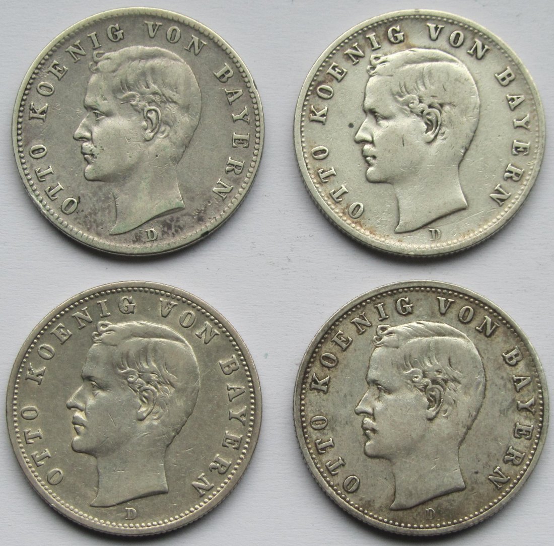  Kaiserreich: Bayern, 2 Mark Otto (Jaeger 45), 4 Stück (1896 + 1902 + 1904 + 1907)   