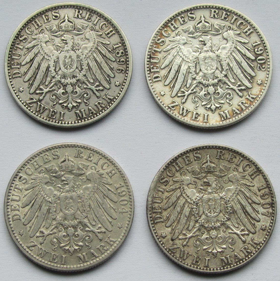  Kaiserreich: Bayern, 2 Mark Otto (Jaeger 45), 4 Stück (1896 + 1902 + 1904 + 1907)   