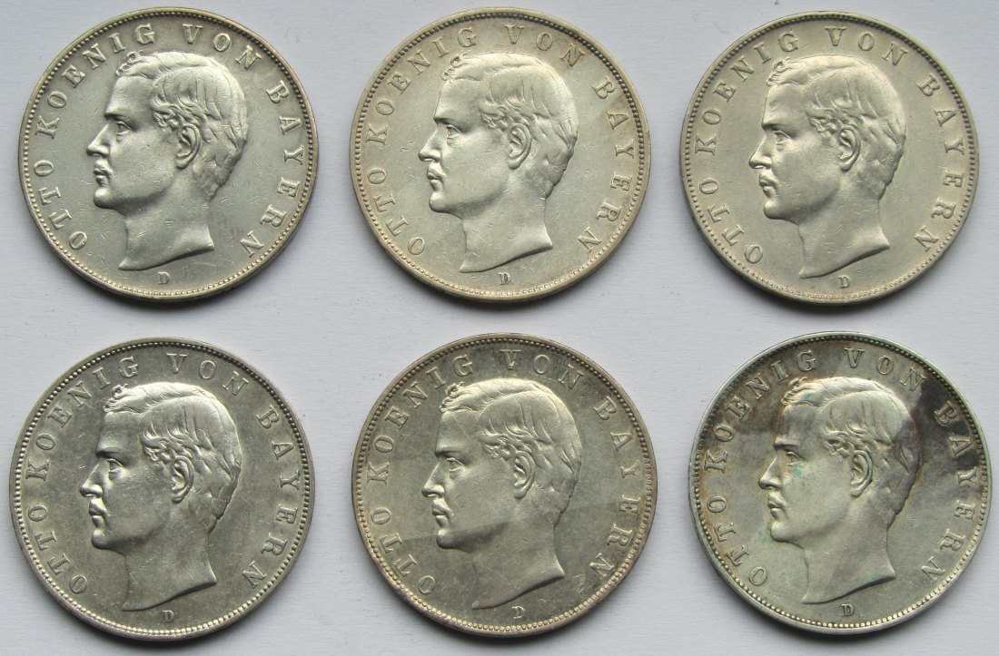  Kaiserreich: Bayern, 3 Mark Otto (Jaeger 47), 6 Stück (1908-1913)   