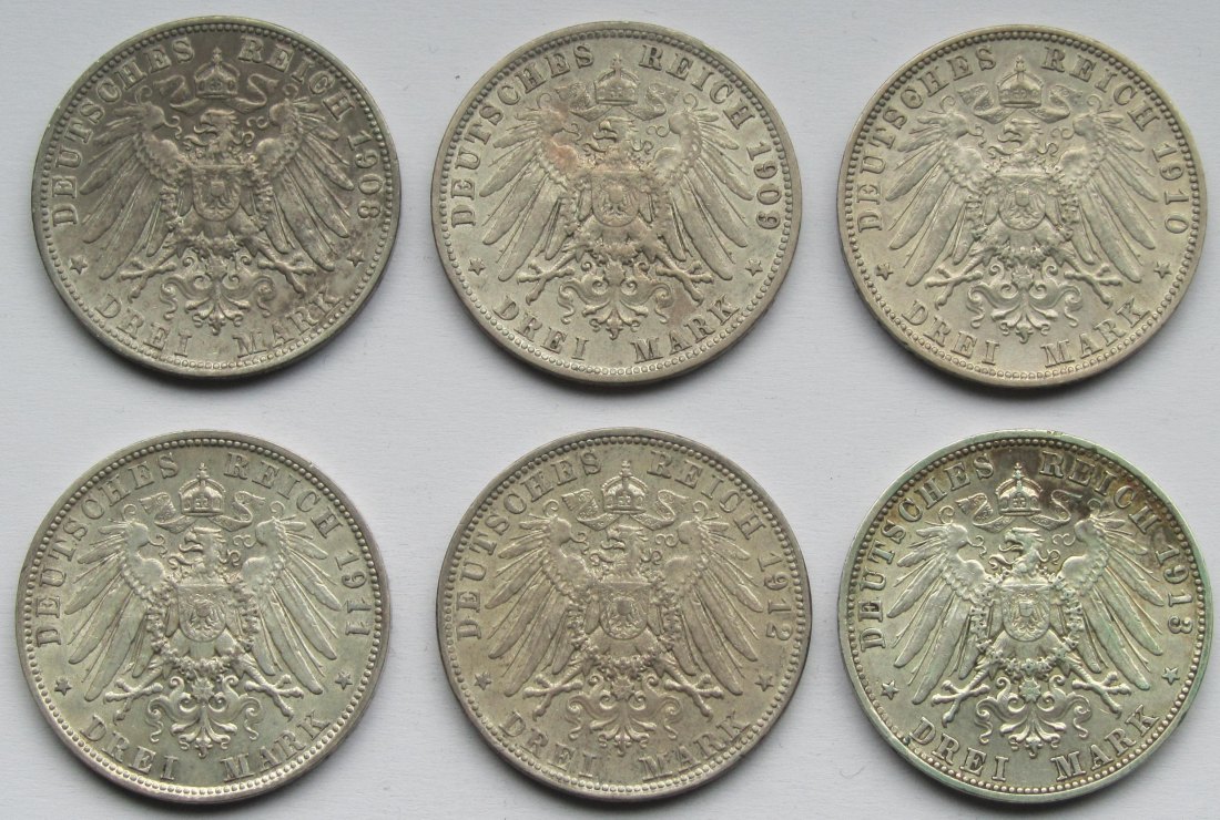  Kaiserreich: Bayern, 3 Mark Otto (Jaeger 47), 6 Stück (1908-1913)   