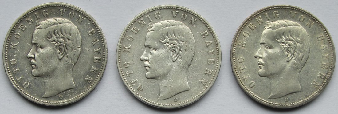  Kaiserreich: Bayern, 5 Mark Otto (Jaeger 46), 3 Stück (1903 + 1907 + 1908)   