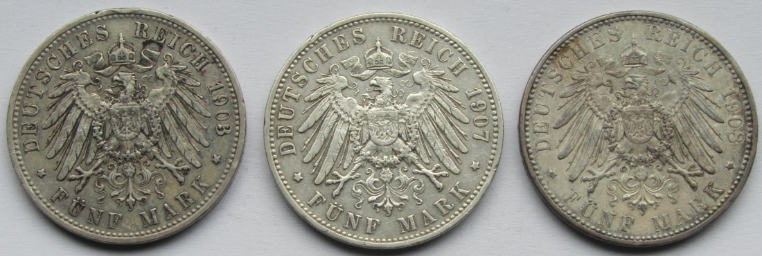  Kaiserreich: Bayern, 5 Mark Otto (Jaeger 46), 3 Stück (1903 + 1907 + 1908)   
