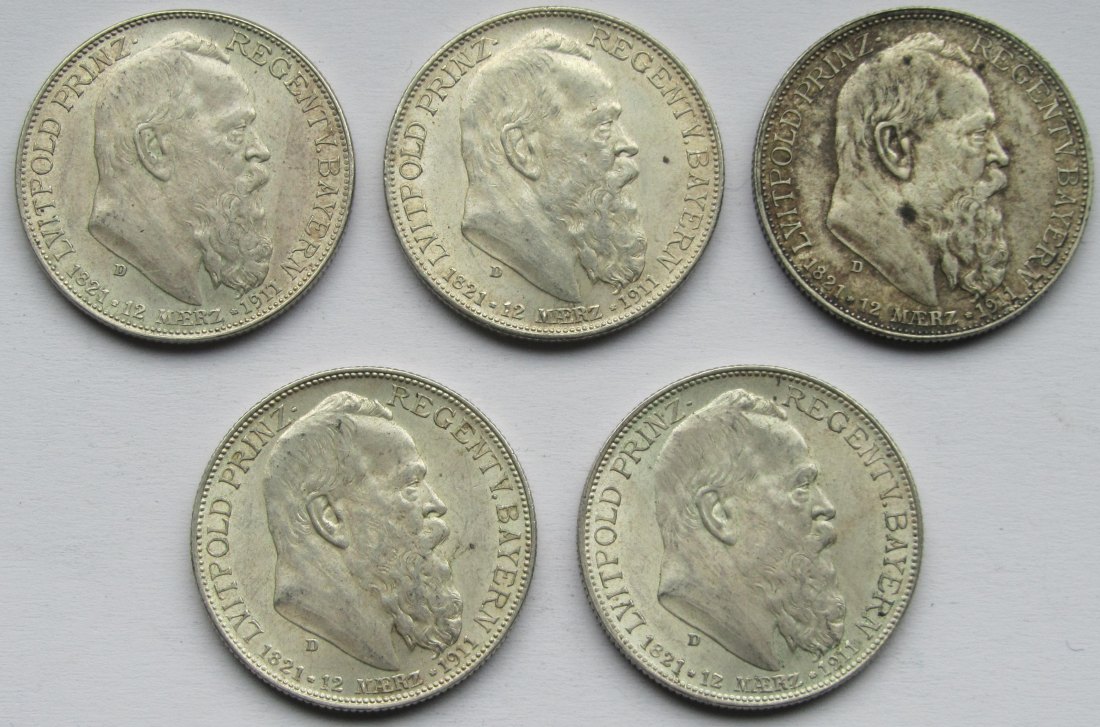  Kaiserreich: Bayern, 2 Mark Luitpold (Jaeger 48), 1911, 5 Stück   