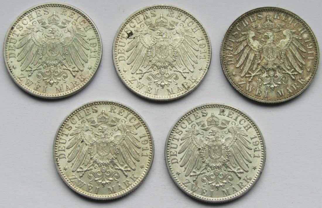  Kaiserreich: Bayern, 2 Mark Luitpold (Jaeger 48), 1911, 5 Stück   