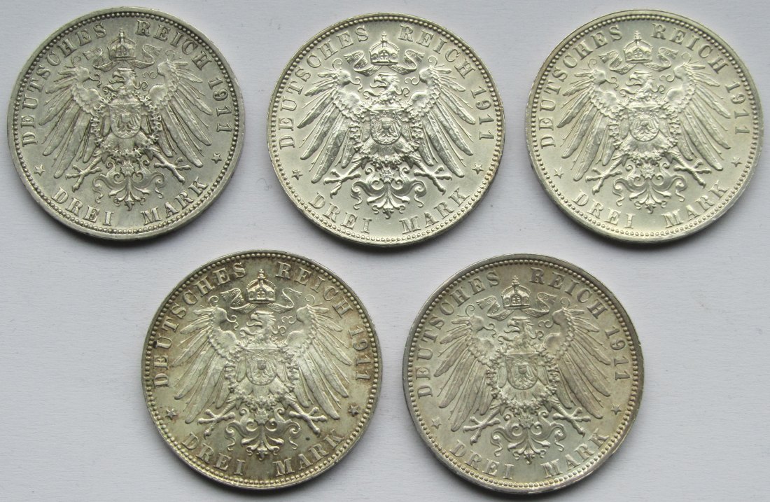  Kaiserreich: Bayern, 3 Mark Luitpold (Jaeger 49), 1911, 5 Stück   