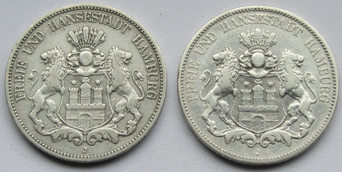  Kaiserreich: Hamburg, 5 Mark (Jaeger 62), 2 Stück (1875 + 1876)   