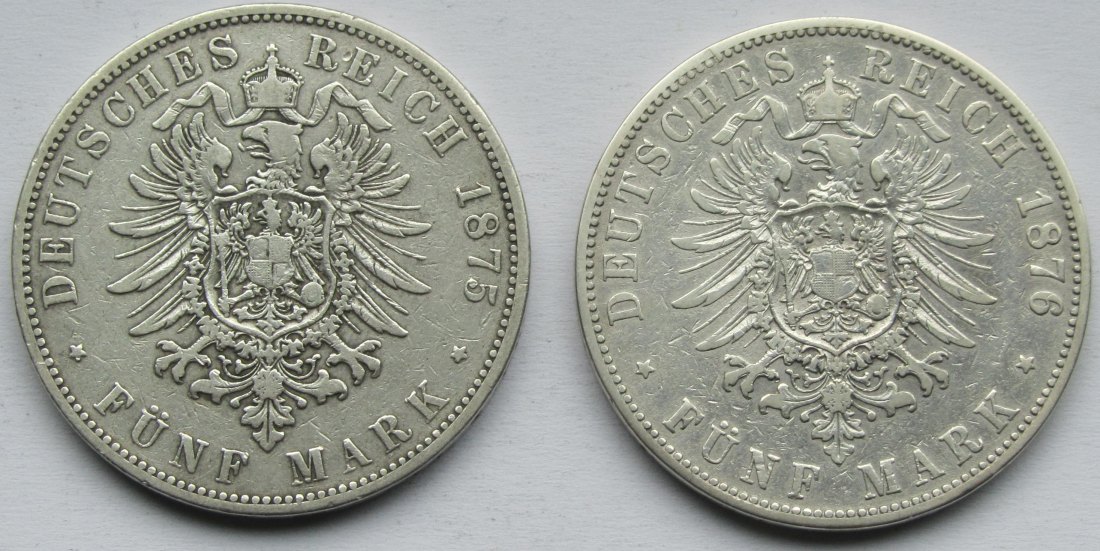  Kaiserreich: Hamburg, 5 Mark (Jaeger 62), 2 Stück (1875 + 1876)   