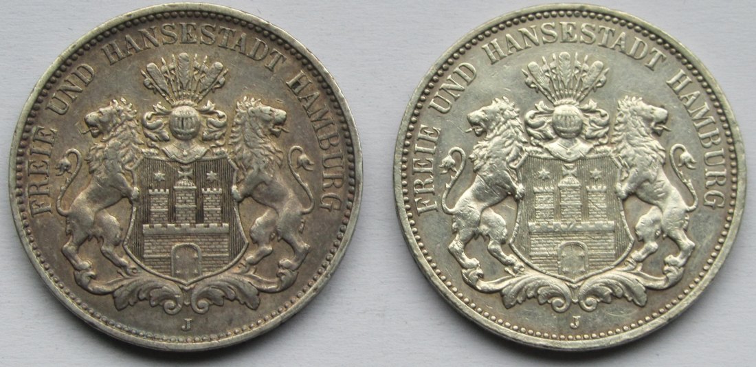  Kaiserreich: Hamburg, 3 Mark (Jaeger 64), 2 Stück (1909 + 1911)   