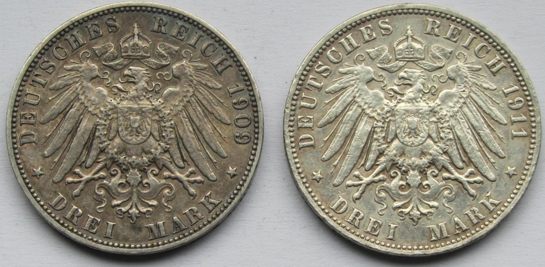 Kaiserreich: Hamburg, 3 Mark (Jaeger 64), 2 Stück (1909 + 1911)   