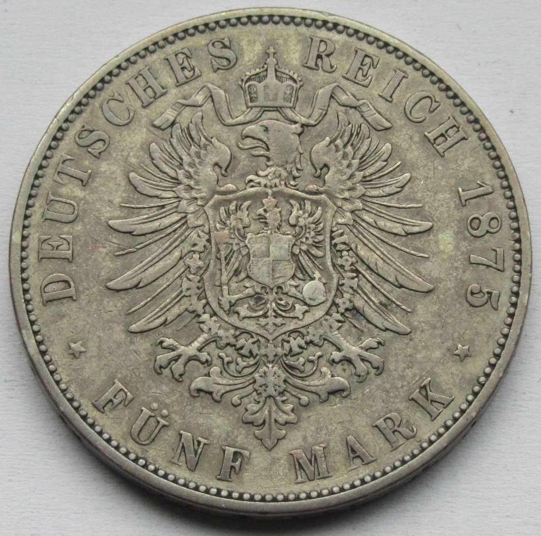  Kaiserreich: Hessen, 5 Mark Ludwig III. (Jaeger 67), 1875   