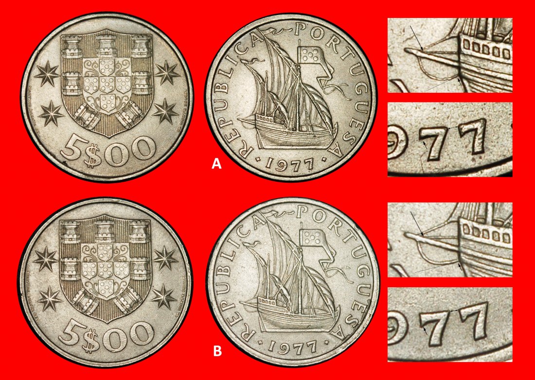  Ⰶ SHIP (1963-1986): PORTUGAL ★ 5 ESCUDOS 1977! 2 DISCOVERY COINS! LOW START ★ NO RESERVE!   