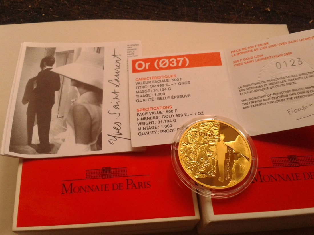  Original 500 Francs 2000 PP Frankreich Yves Saint Laurent 1 Unze Gold 999er Gold 31,1g Gold   