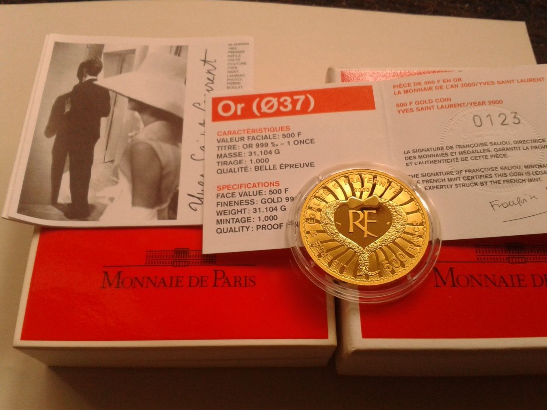  Original 500 Francs 2000 PP Frankreich Yves Saint Laurent 1 Unze Gold 999er Gold 31,1g Gold   