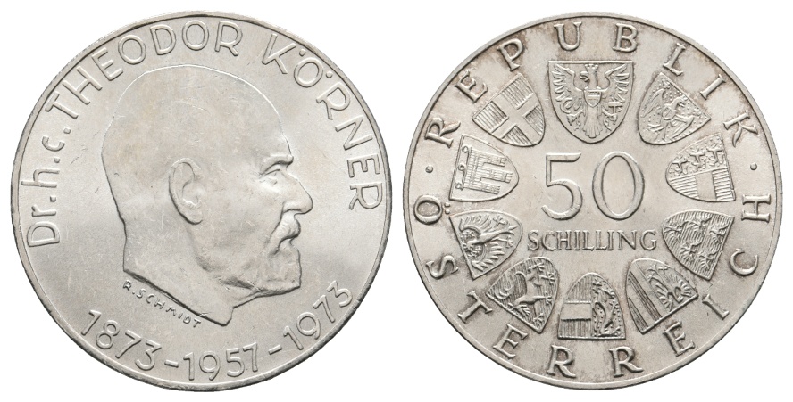  Österreich; 50 Schilling 1973; Dr.h.c. Theodor Körner; AG 20,06 g   