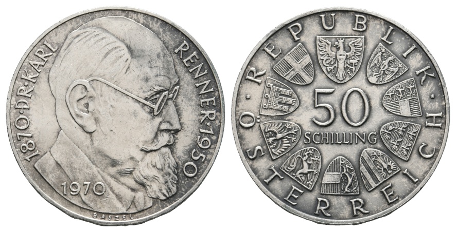  Österreich; 50 Schilling 1970; Dr Karl Renner; AG 20,19 g   