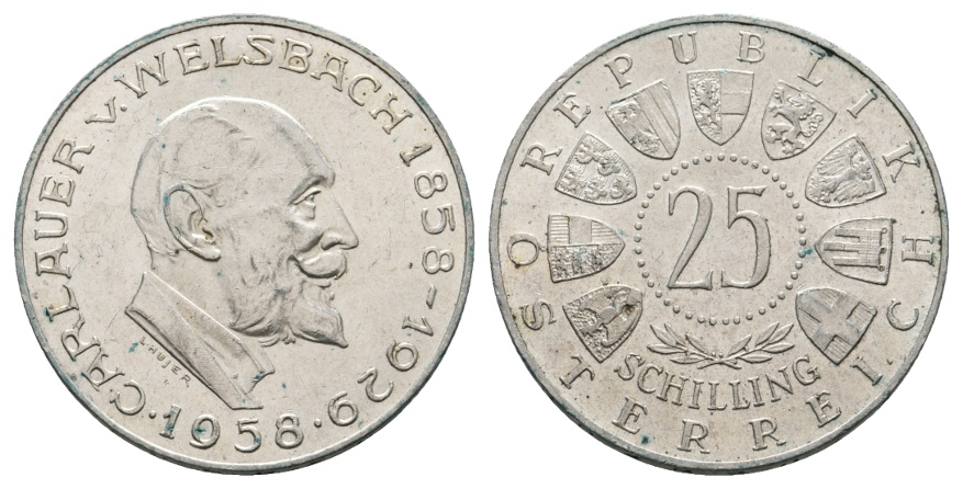  Österreich; 25 Schilling 1958; Carlauer v. Welsbach; AG 13,07 g   