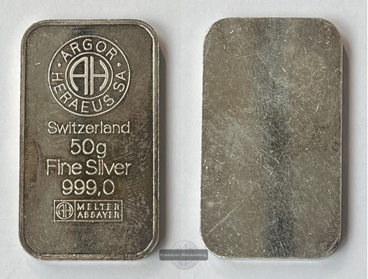  Schweiz Argor S.A. Chiasso 50g  Silberbarren  FM-Frankfurt   Feinsilber: 50g   