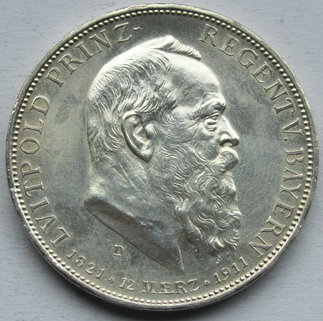  Kaiserreich: Bayern, 5 Mark Luitpold (Jaeger 50), 1911   