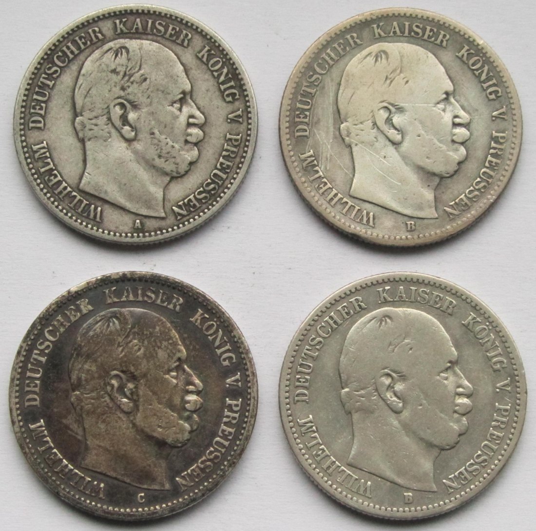  Kaiserreich: Preußen, 2 Mark Wilhelm I. (Jaeger 96), 4 Stück (1876 A + B + C + 1877 B)   