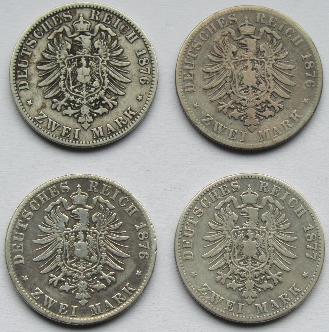  Kaiserreich: Preußen, 2 Mark Wilhelm I. (Jaeger 96), 4 Stück (1876 A + B + C + 1877 B)   