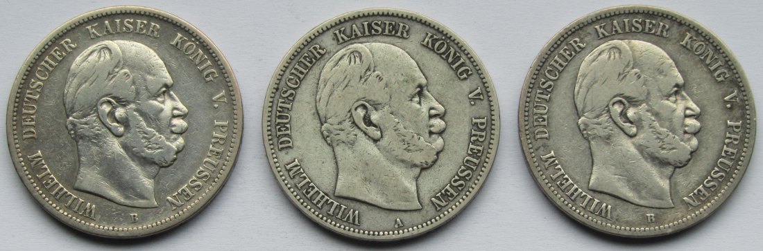 Kaiserreich: Preußen, 5 Mark Wilhelm I. (Jaeger 97), 3 Stück (1875 B + 1876 A + B)   