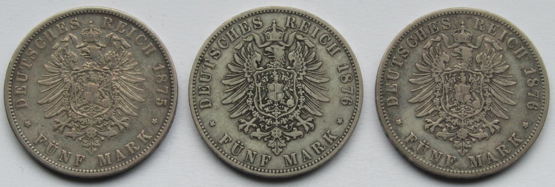 Kaiserreich: Preußen, 5 Mark Wilhelm I. (Jaeger 97), 3 Stück (1875 B + 1876 A + B)   
