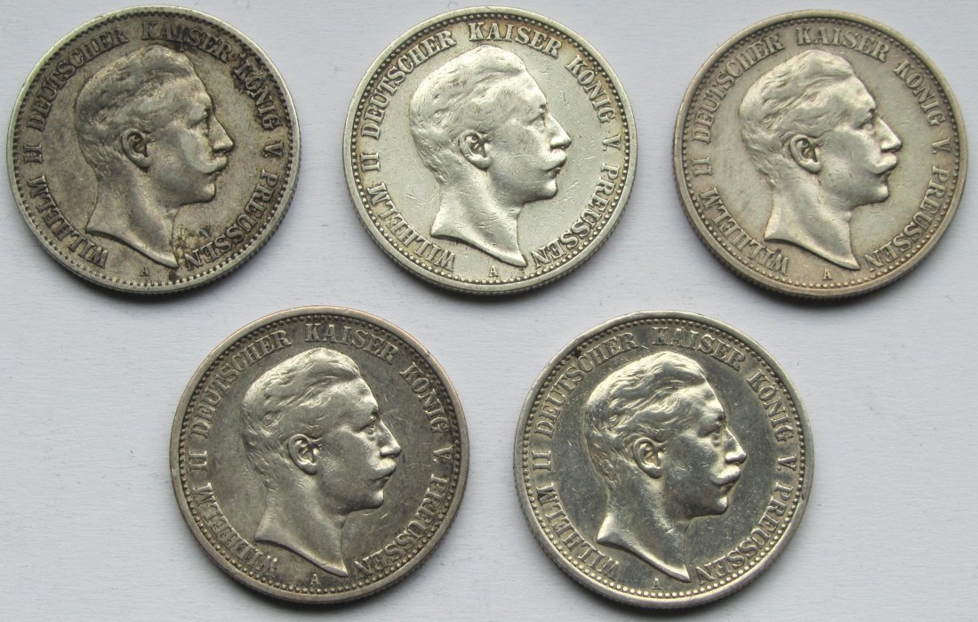  Kaiserreich: Preußen, 2 Mark Wilhelm II. (Jaeger 102), 5 Stück (1899 + 1903 + 1904 + 1905 + 1907)   