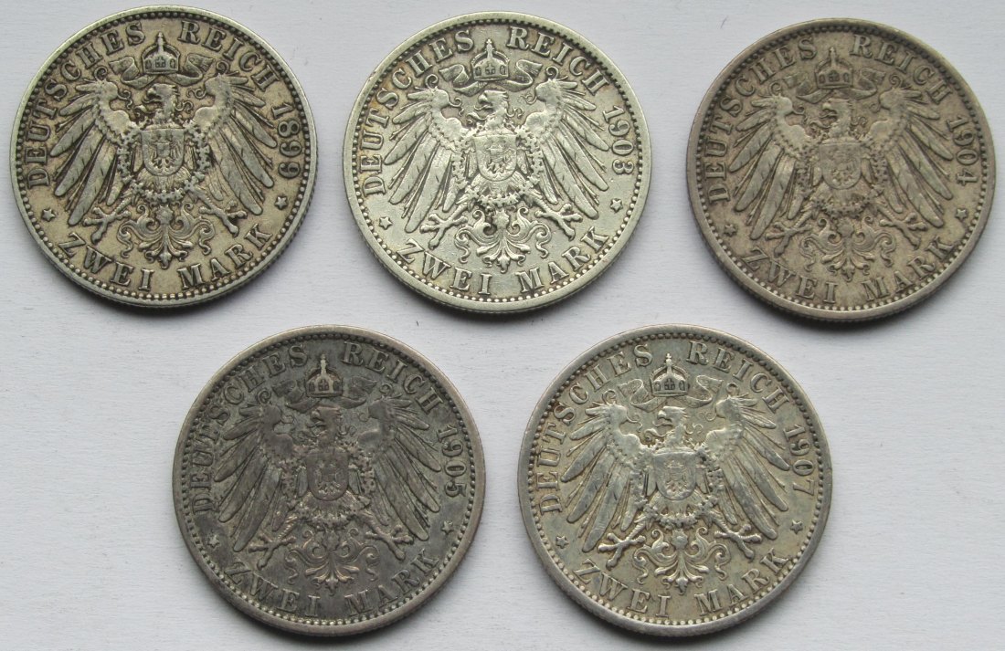  Kaiserreich: Preußen, 2 Mark Wilhelm II. (Jaeger 102), 5 Stück (1899 + 1903 + 1904 + 1905 + 1907)   