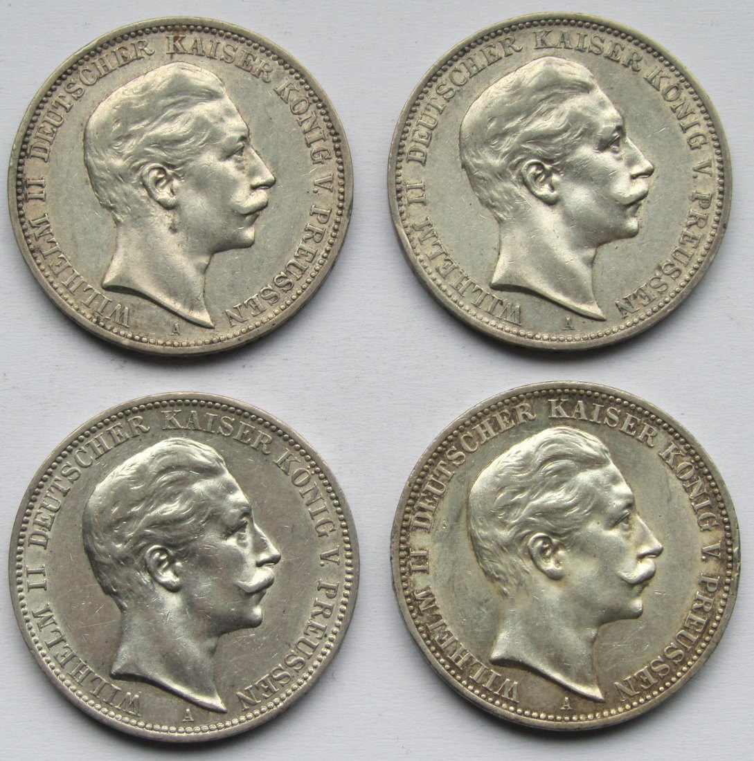  Kaiserreich: Preußen, 3 Mark Wilhelm II. (Jaeger 103), 4 Stück (1908 + 1909 + 1911 + 1912)   