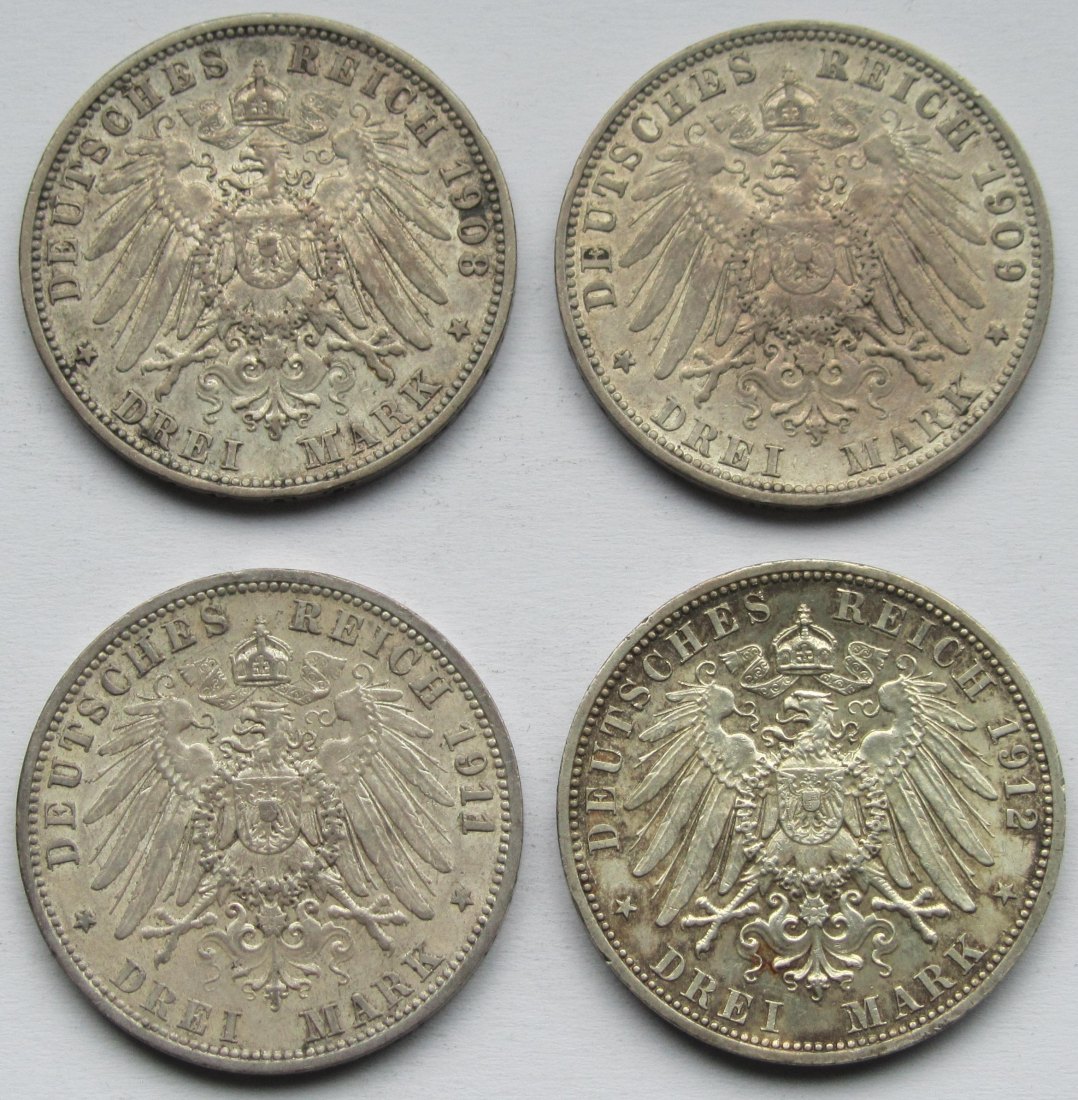  Kaiserreich: Preußen, 3 Mark Wilhelm II. (Jaeger 103), 4 Stück (1908 + 1909 + 1911 + 1912)   