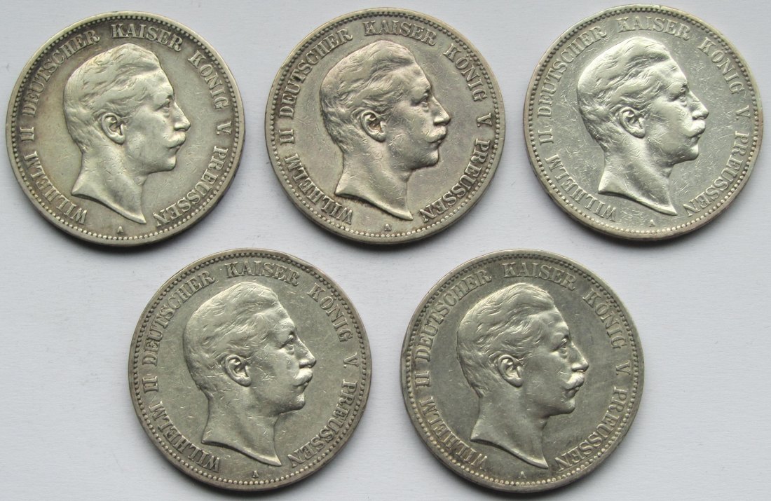  Kaiserreich: Preußen, 5 Mark Wilhelm II. (Jaeger 104), 5 Stück (1899 + 1901 + 1903 + 1904 + 1907)   