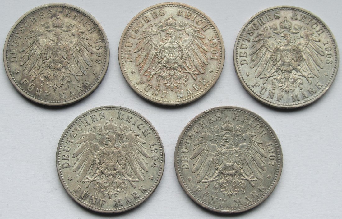  Kaiserreich: Preußen, 5 Mark Wilhelm II. (Jaeger 104), 5 Stück (1899 + 1901 + 1903 + 1904 + 1907)   