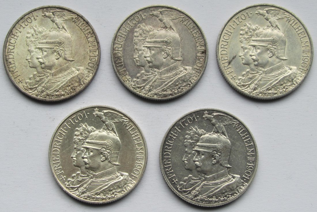 Kaiserreich: Preußen, 5 x 2 Mark 200 Jahre Königreich (Jaeger 105) 1901   