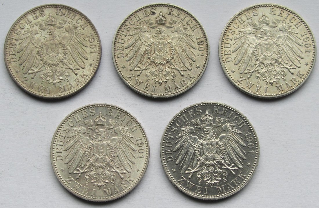  Kaiserreich: Preußen, 5 x 2 Mark 200 Jahre Königreich (Jaeger 105) 1901   