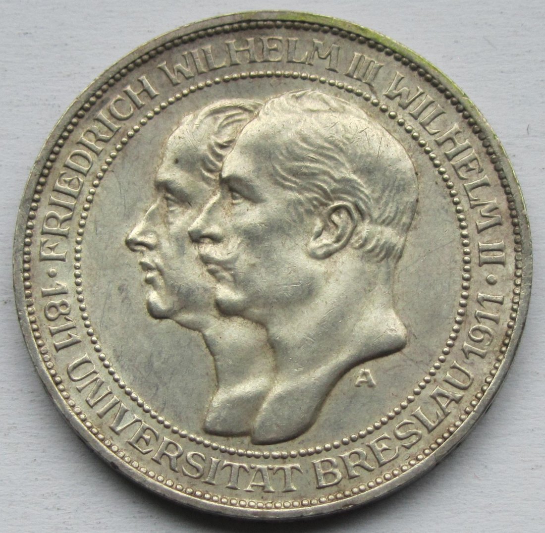  Kaiserreich: Preußen, 3 Mark Universität Breslau (Jaeger 108) 1911   