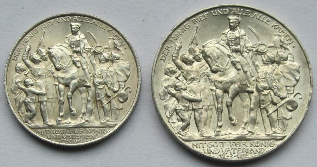  Kaiserreich: Preußen, 2 + 3 Mark Befreiungskriege (Jaeger 109 + 110), 1913   