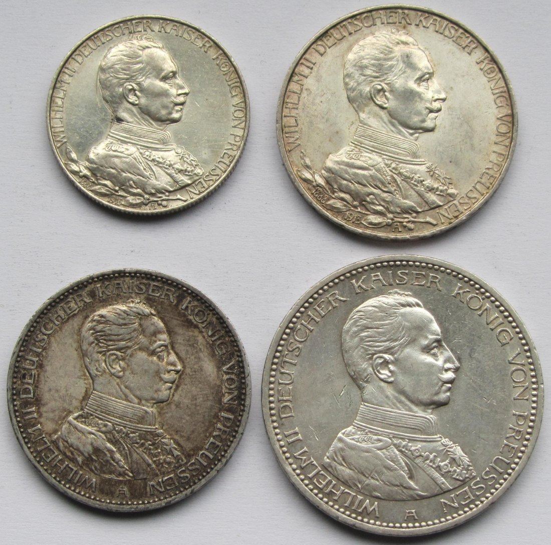  Kaiserreich: Preußen, 2 + 3 + 3 + 5 Mark Wilhelm II. in Uniform, 1913/1914   