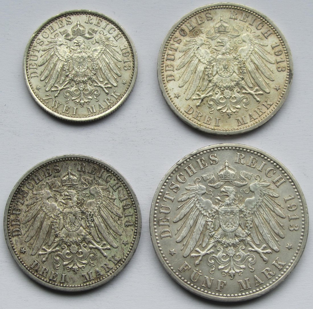  Kaiserreich: Preußen, 2 + 3 + 3 + 5 Mark Wilhelm II. in Uniform, 1913/1914   