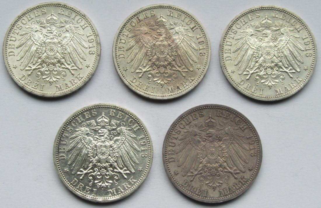  Kaiserreich: Preußen, 5 x 3 Mark Wilhelm II. in Uniform (Jaeger 112), 1913   