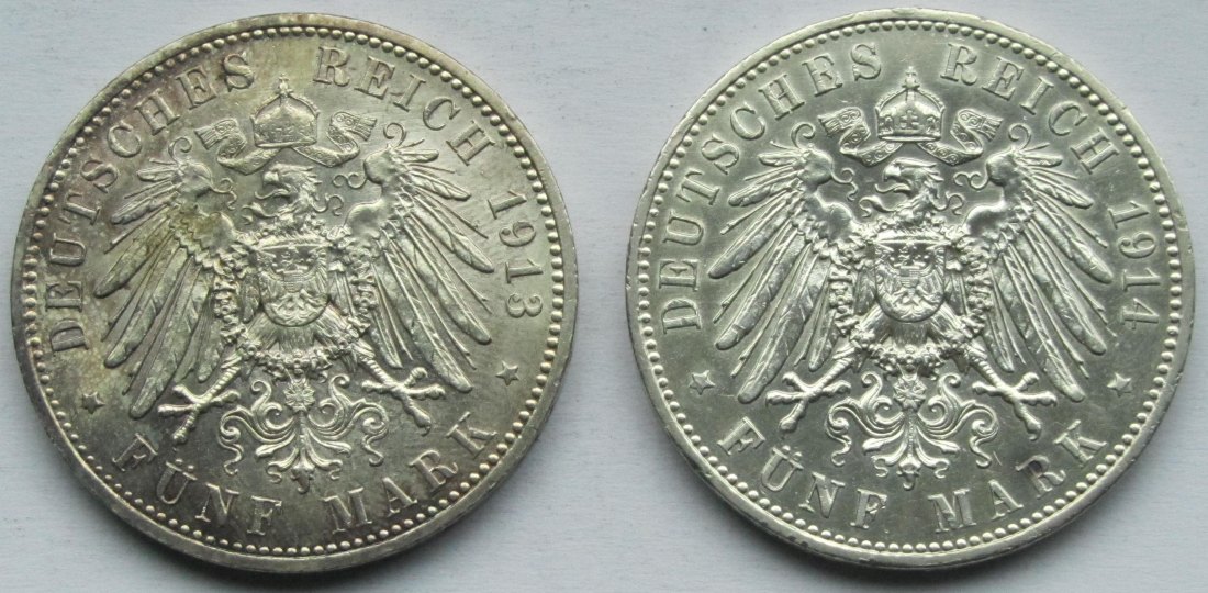  Kaiserreich: Preußen, 5 Mark Wilhelm II. in Uniform (Jaeger 114), 2 Stück (1913 + 1914)   