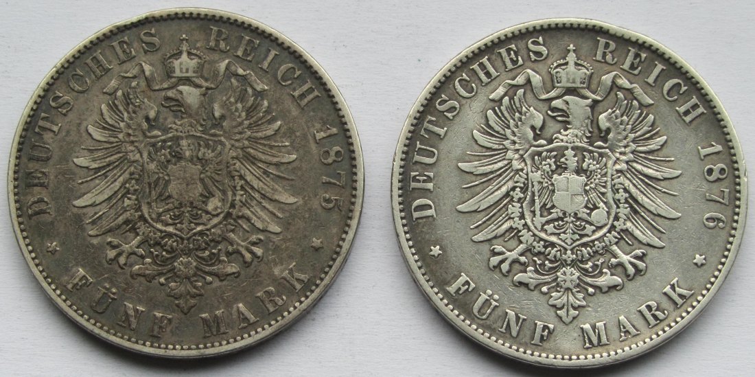 Kaiserreich: Sachsen, 5 Mark Albert (Jaeger 122), 2 Stück (1875 + 1876)   