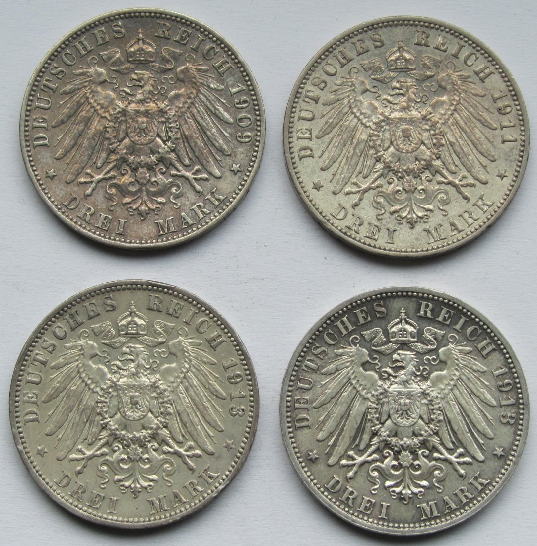  Kaiserreich: Sachsen, vier verschiedene Jahrgänge 3 Mark   