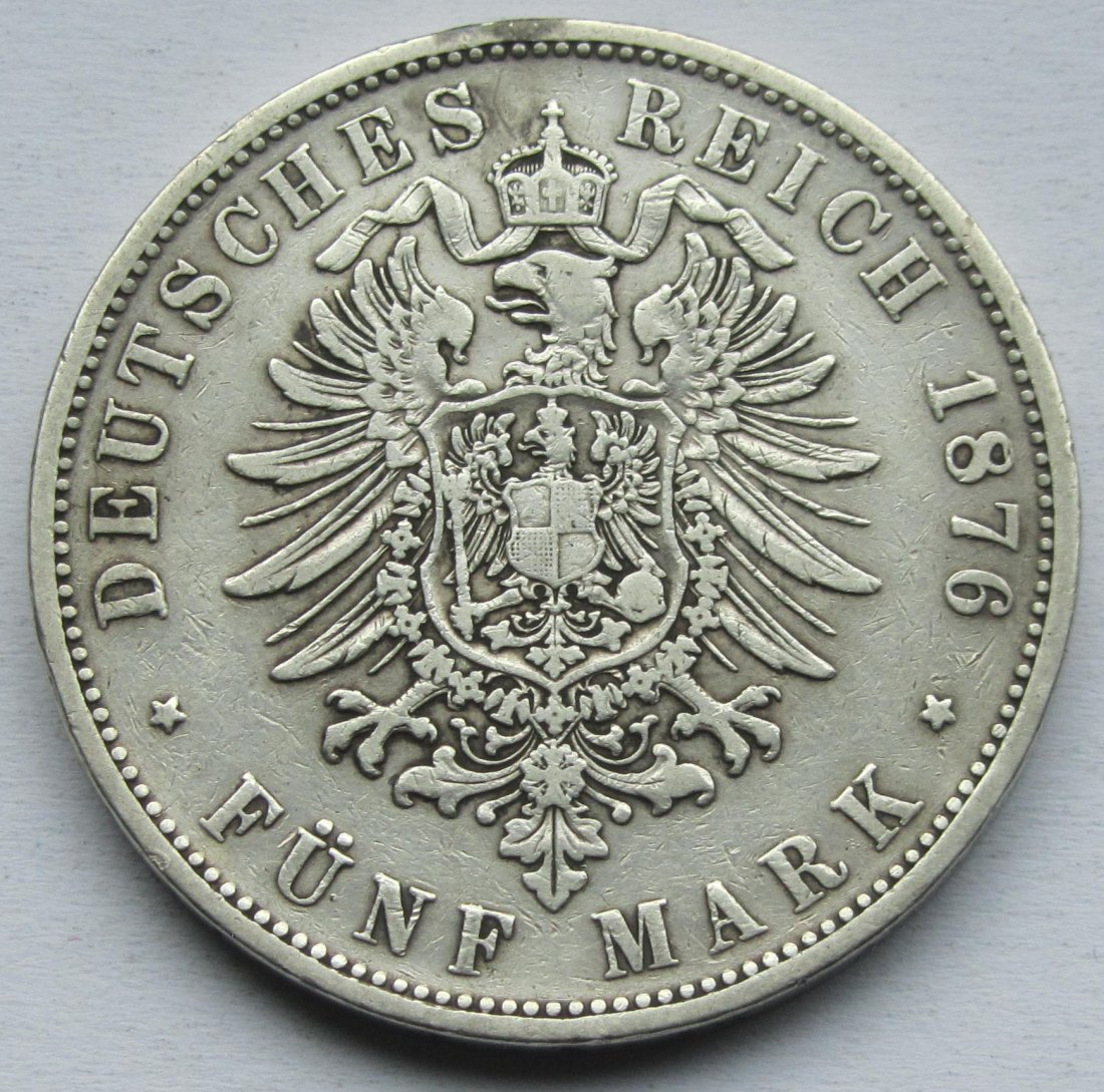  Kaiserreich: Württemberg, 5 Mark Karl (Jaeger 173), 1876   