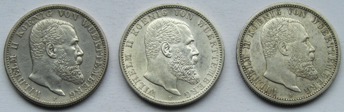  Kaiserreich: Württemberg, 2 Mark Wilhelm II. (Jaeger 174), 3 Stück (1905 + 1906 + 1907)   