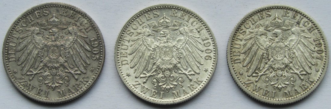  Kaiserreich: Württemberg, 2 Mark Wilhelm II. (Jaeger 174), 3 Stück (1905 + 1906 + 1907)   