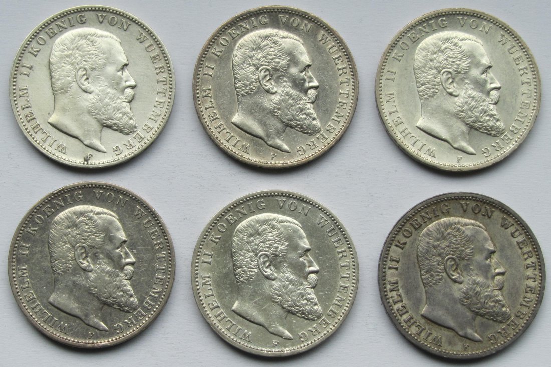  Kaiserreich: Württemberg, 3 Mark Wilhelm II. (Jaeger 175), 6 Stück (1908-1912 + 1914)   
