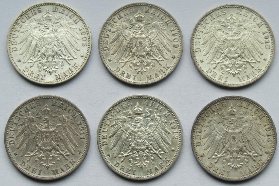  Kaiserreich: Württemberg, 3 Mark Wilhelm II. (Jaeger 175), 6 Stück (1908-1912 + 1914)   