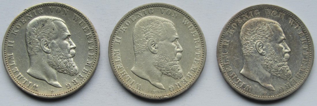  Kaiserreich: Württemberg, 5 Mark Wilhelm II. (Jaeger 176), 3 Stück (1893 + 1901 + 1913)   